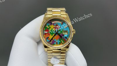 8+ Factory Rolex Daydate 36mm DD 3255 Movement Puzzle Face Yellow Gold Band Watch